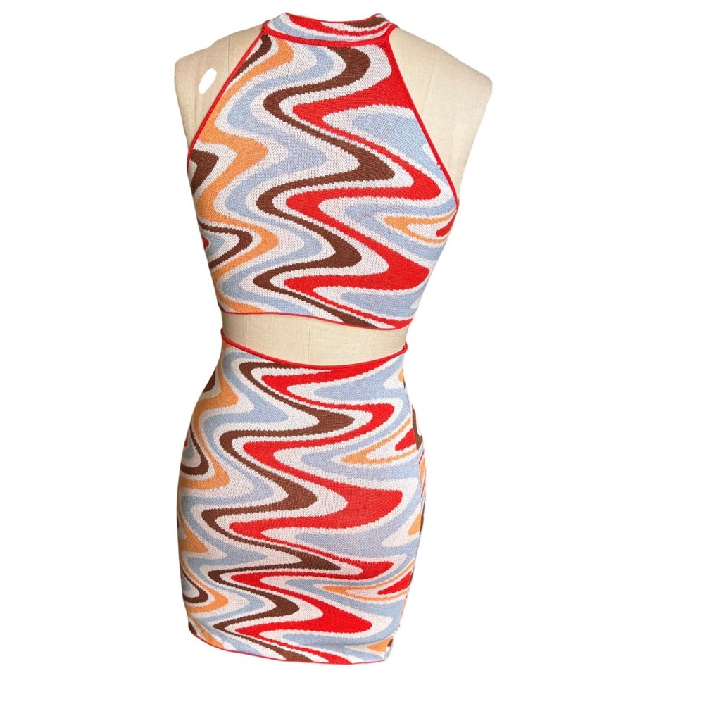 Princess Polly Mini Dress Women XS/S Multi Color Retro Wavy Knit Cutout Halter - Picture 5 of 11